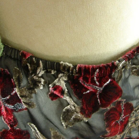 Floral Velvet Burn Out Burgundy Green Lace Dress L - Picture 8 of 16